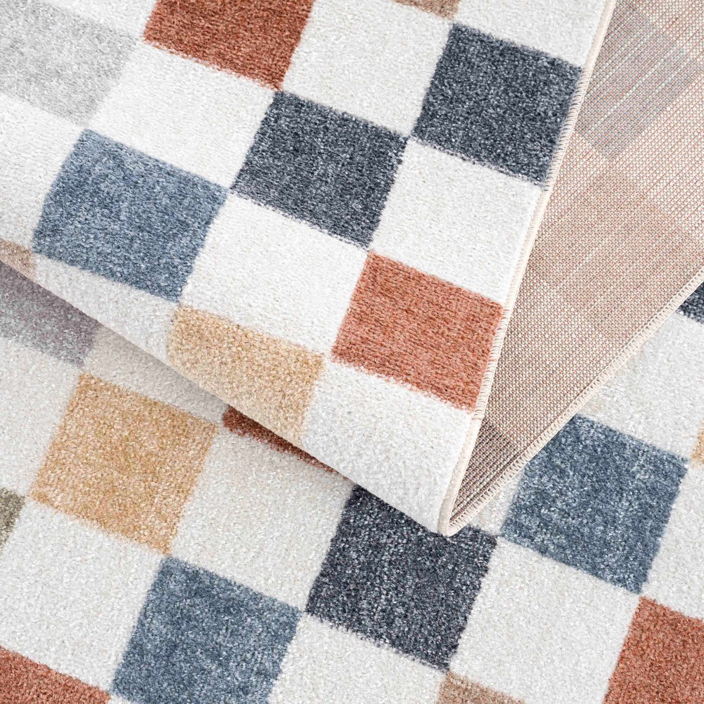 Colorful Terracotta Checkered Washable Rug
