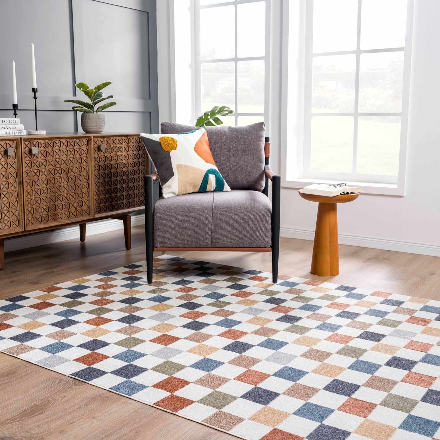 Colorful Terracotta Checkered Washable Rug