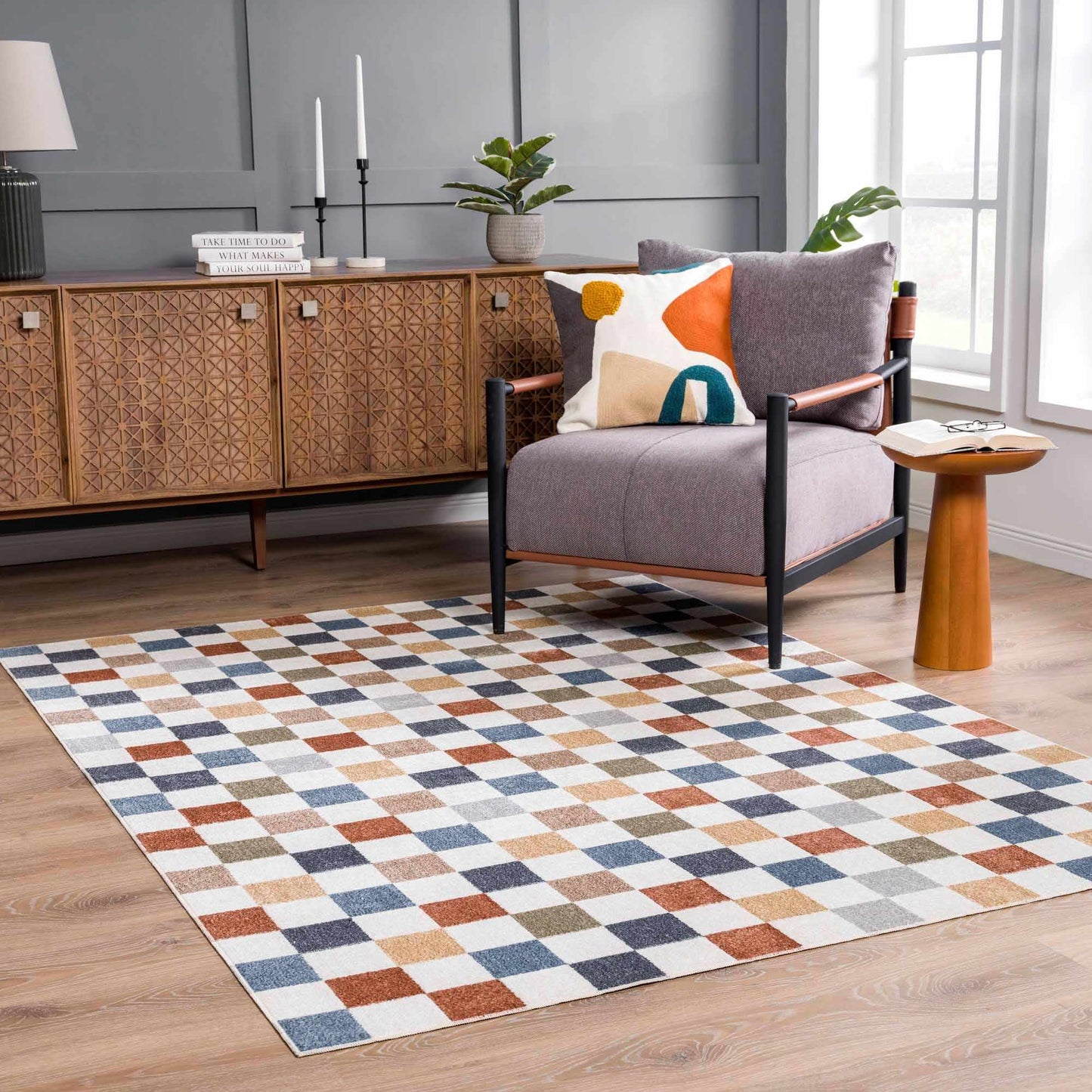 Colorful Terracotta Checkered Washable Rug