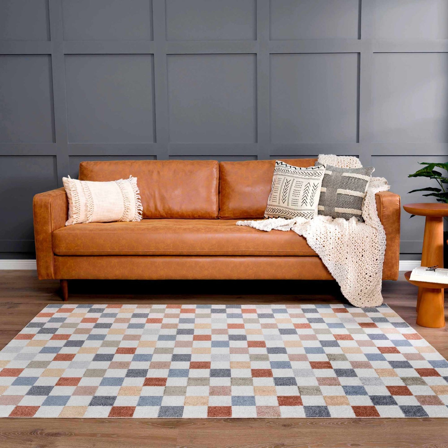 Colorful Terracotta Checkered Washable Rug
