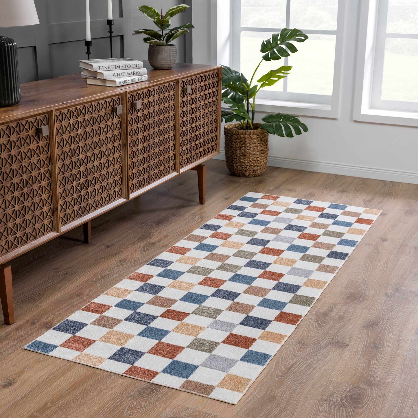 Colorful Terracotta Checkered Washable Rug