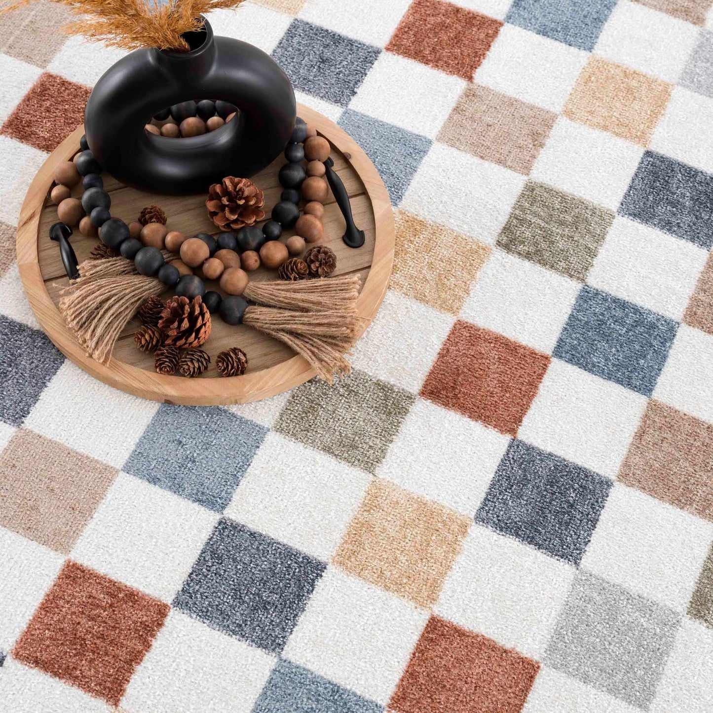 Colorful Terracotta Checkered Washable Rug