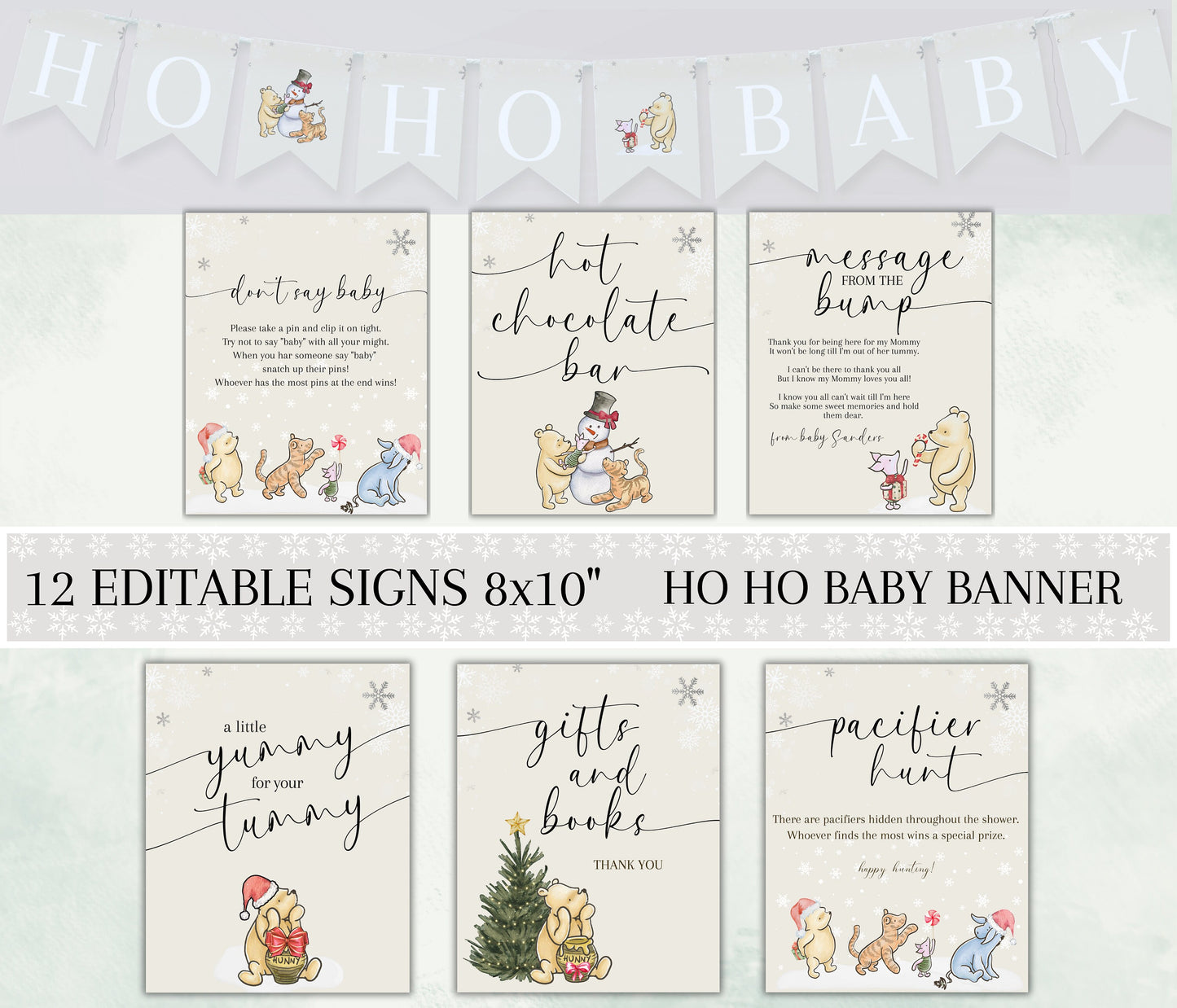 Christmas Pooh Baby Shower Sign Pack