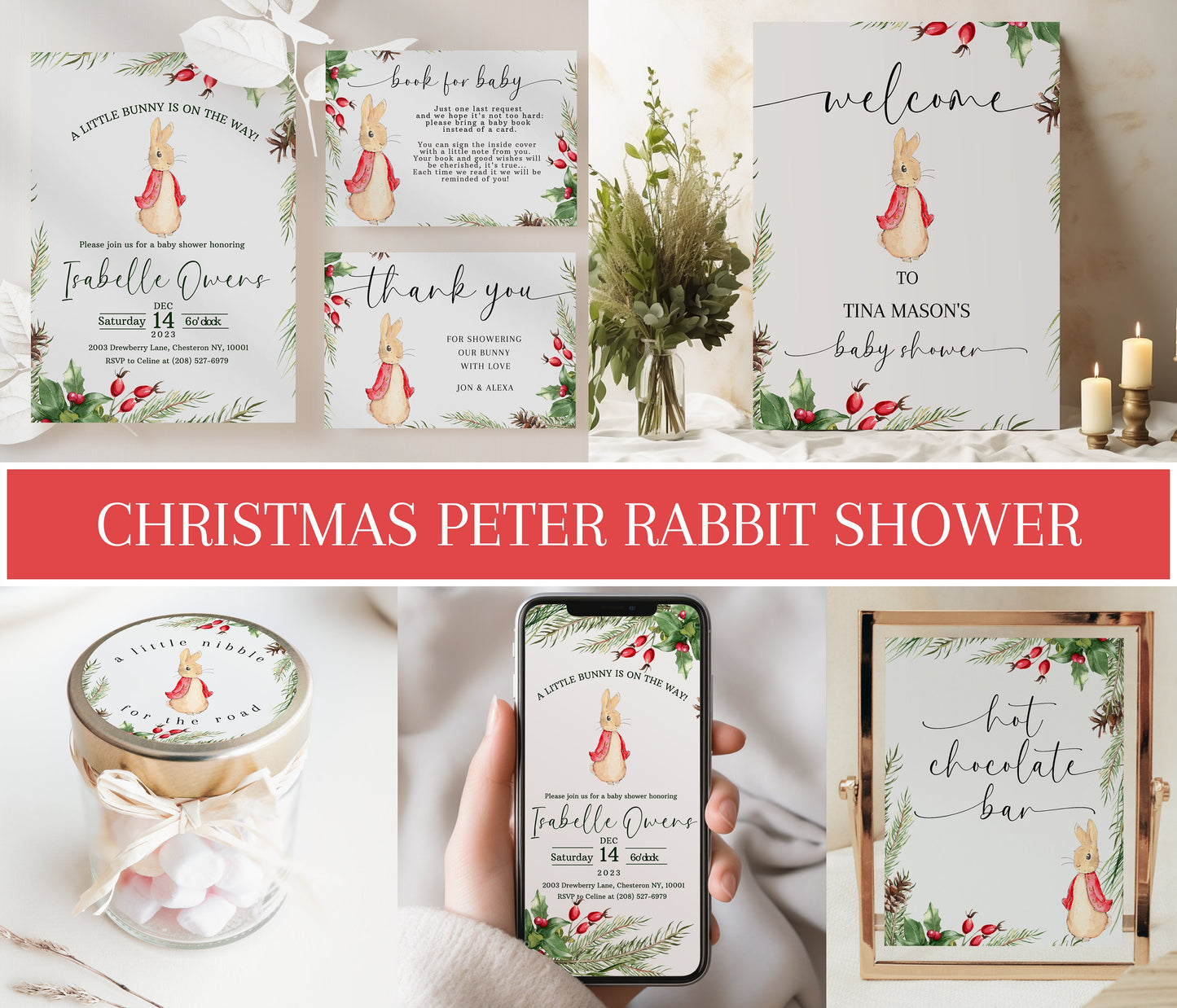 Christmas Peter Rabbit Baby Shower Template Bundle