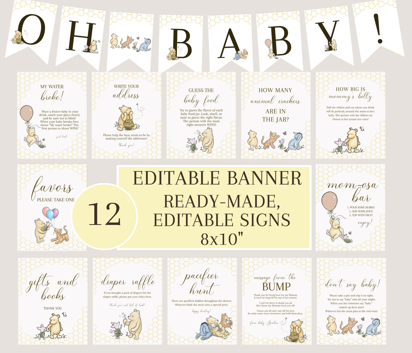 Classic Winnie the Pooh Baby Shower Sign Bundle