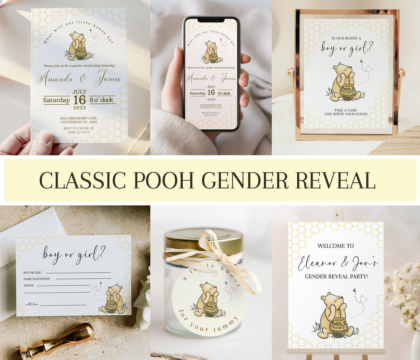 Classic Winnie the Pooh Gender Reveal Invitation Bundle