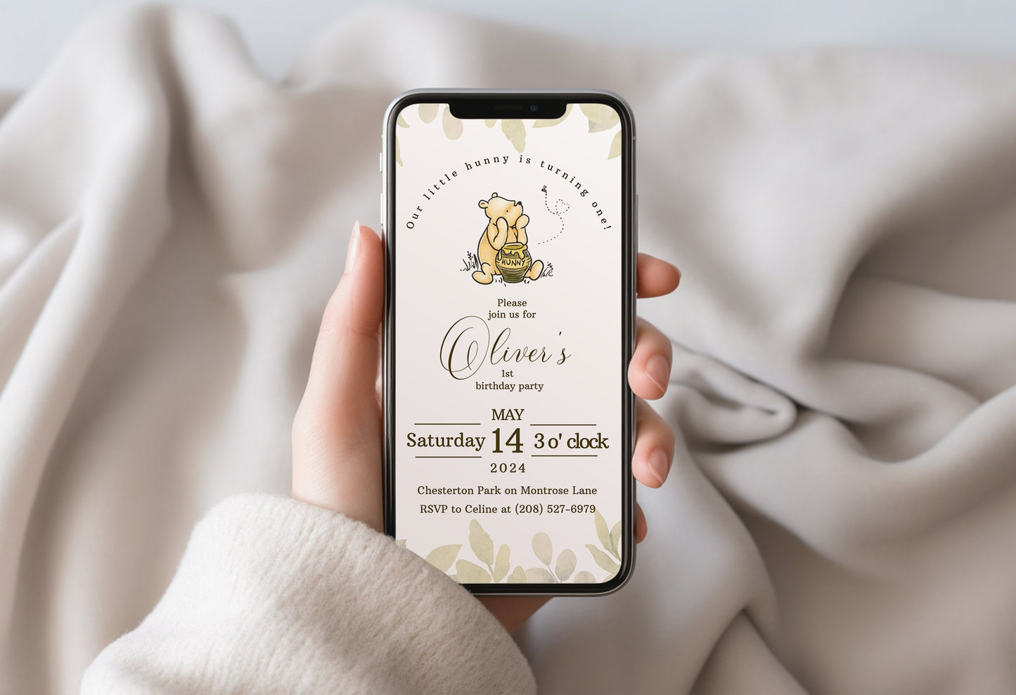 First Birthday Pooh Bear Editable Invitation