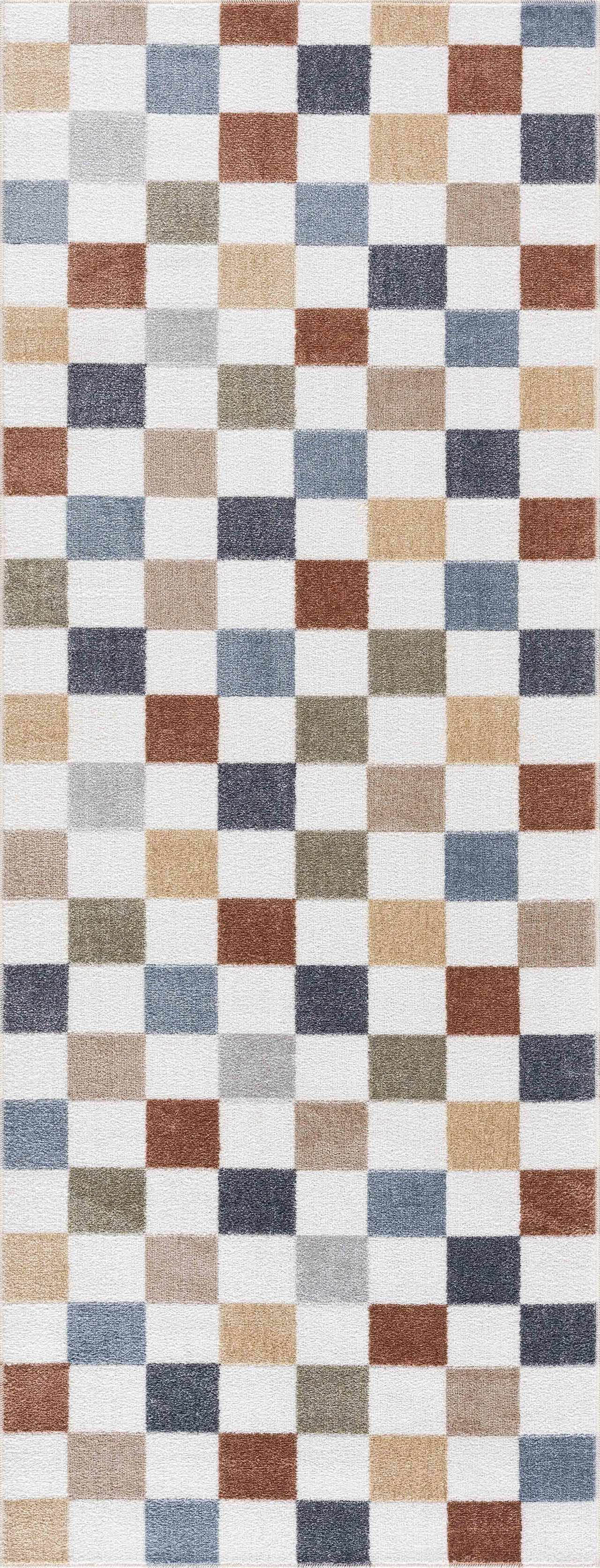 Colorful Terracotta Checkered Washable Rug