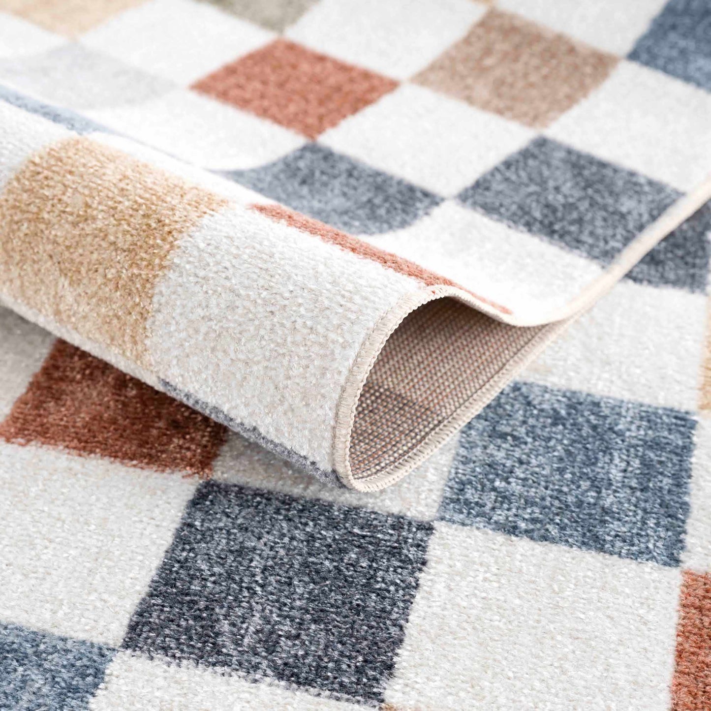 Colorful Terracotta Checkered Washable Rug