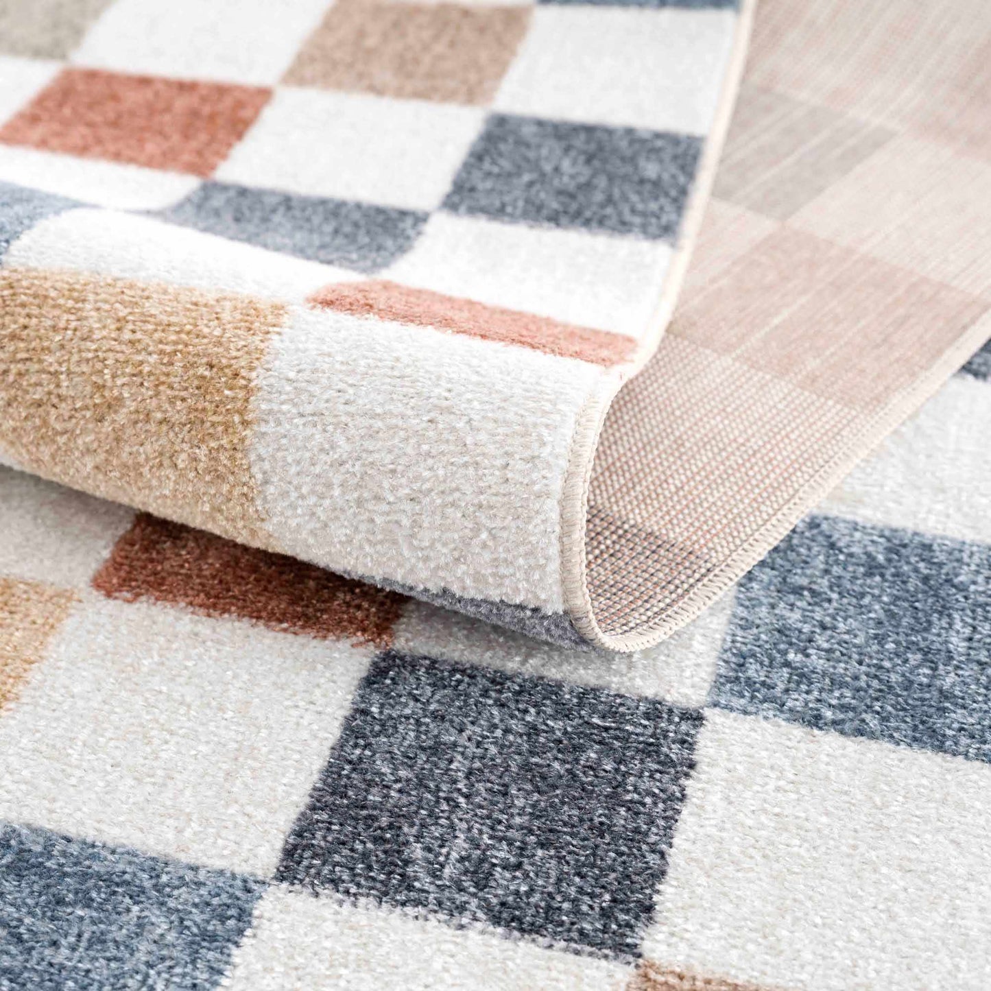 Colorful Terracotta Checkered Washable Rug
