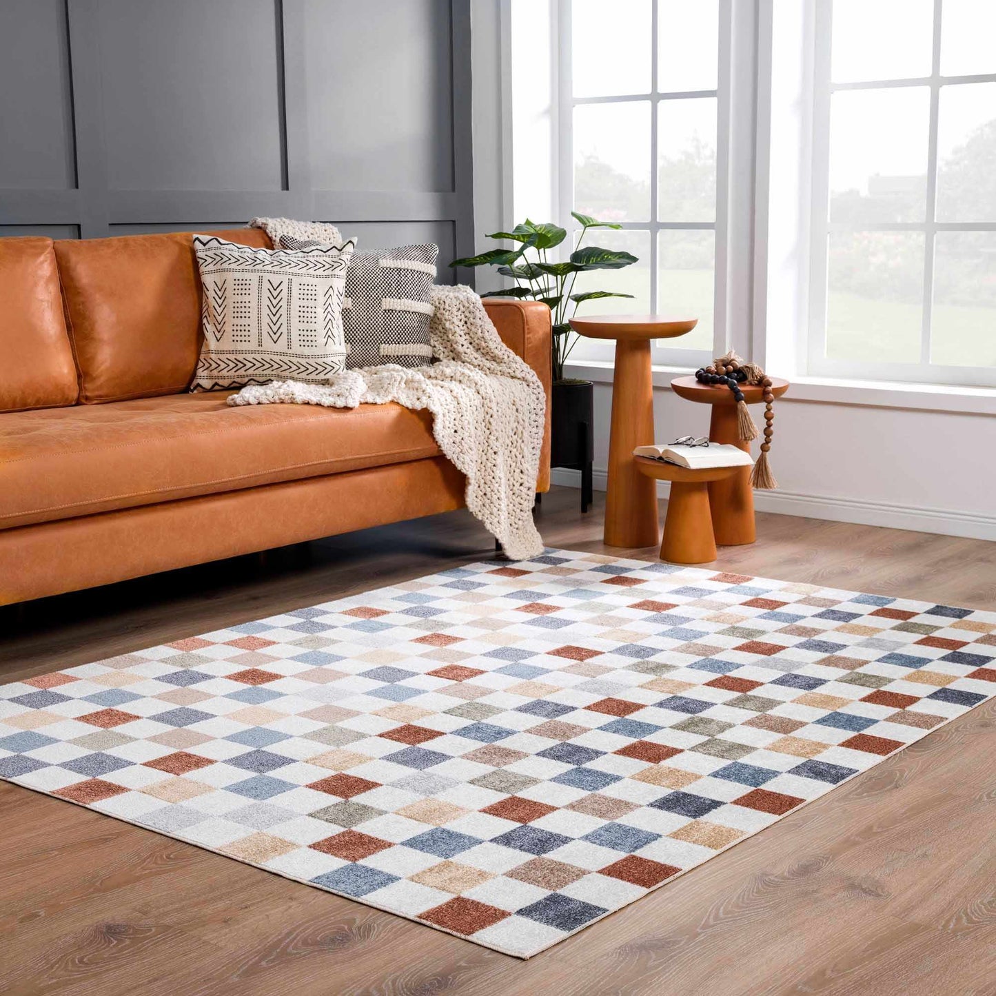 Colorful Terracotta Checkered Washable Rug