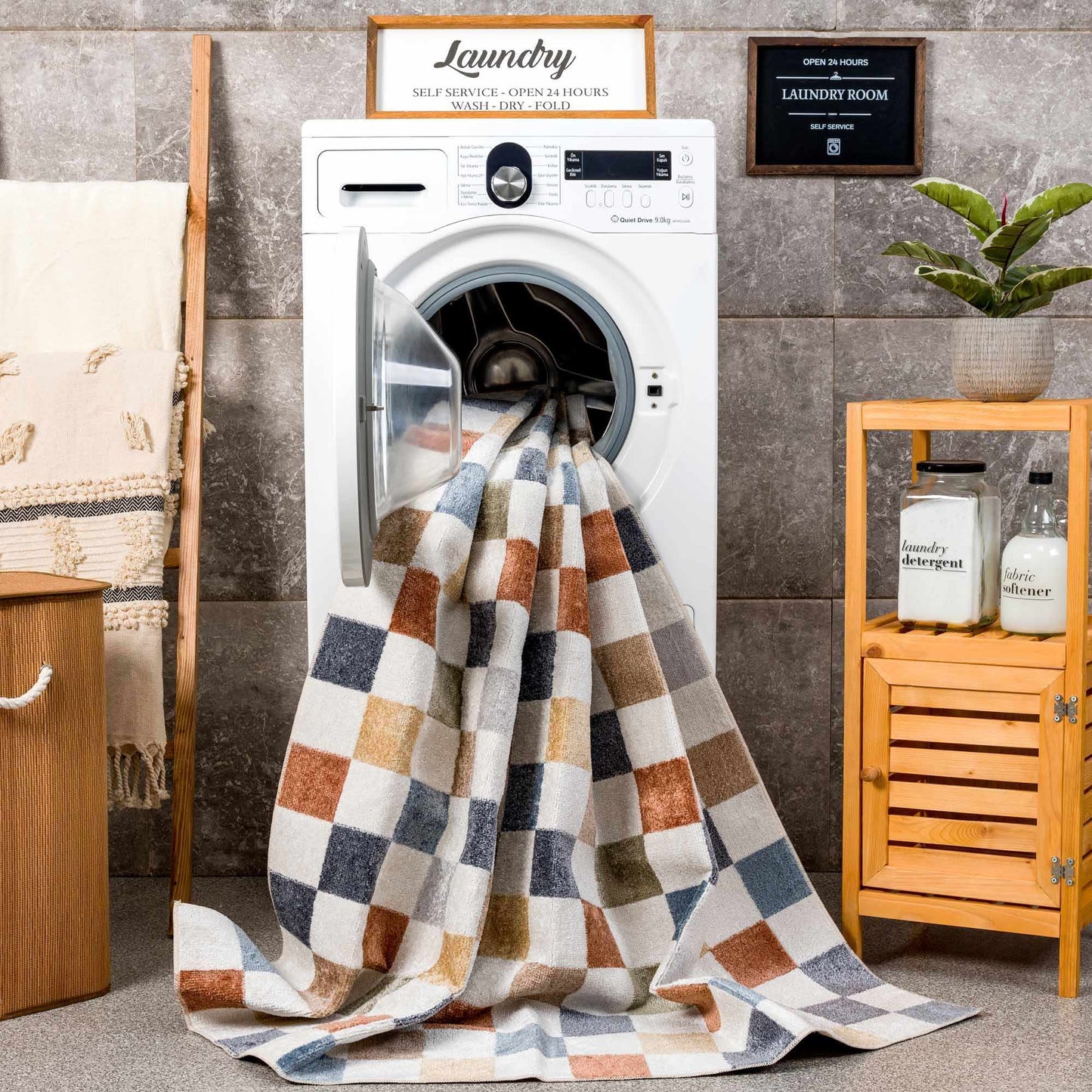 Colorful Terracotta Checkered Washable Rug