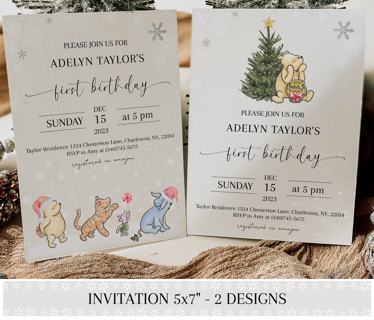 Christmas Pooh First Birthday Invitation Bundle