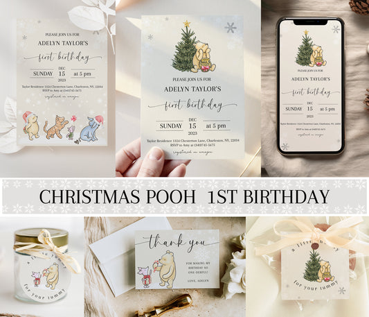 Christmas Pooh First Birthday Invitation Bundle