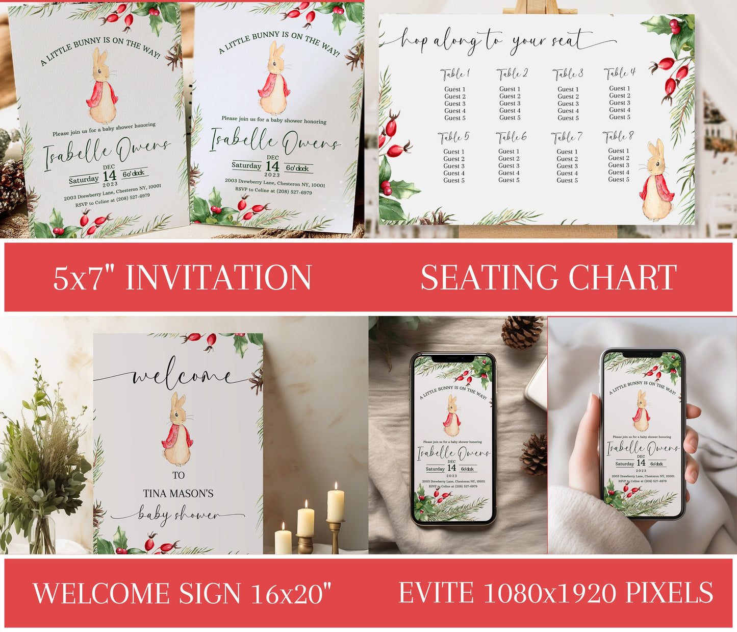 Christmas Peter Rabbit Baby Shower Template Bundle