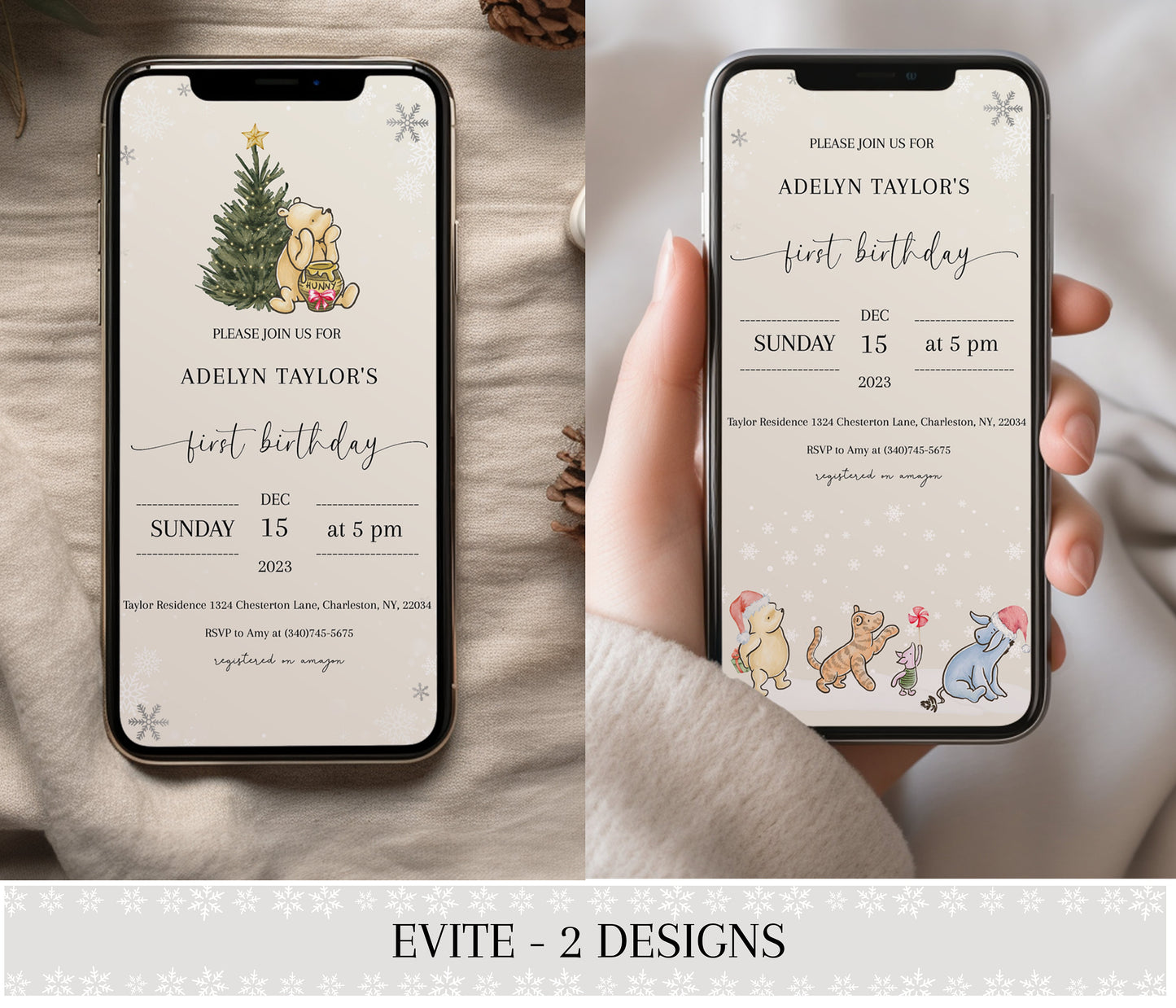 Christmas Pooh First Birthday Invitation Bundle