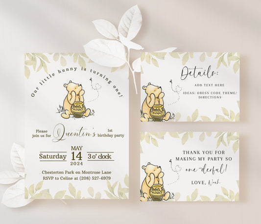 First Birthday Pooh Bear Editable Invitation
