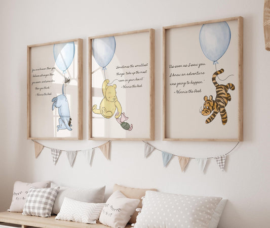 Set of 4 Pooh Bear Digital Nursery Art Prints -- BLUE