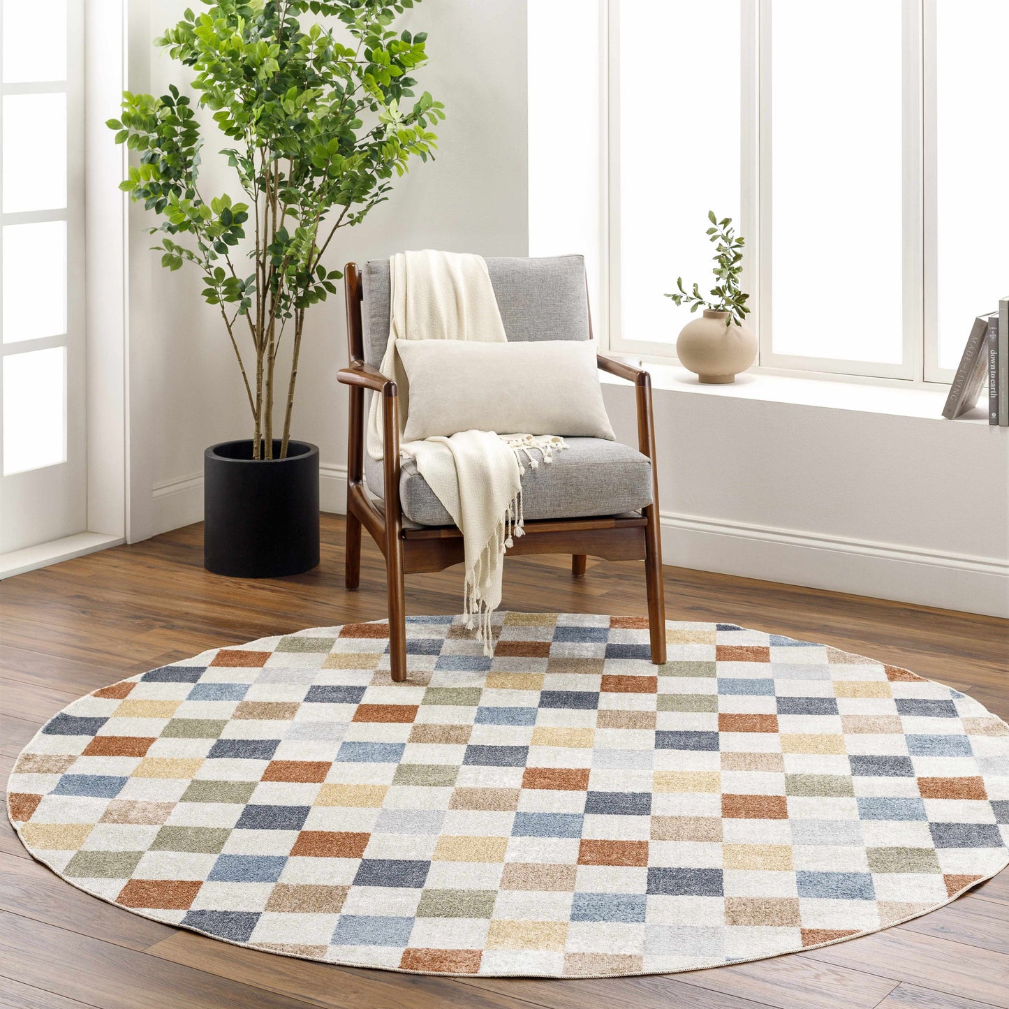 Colorful Terracotta Checkered Washable Rug